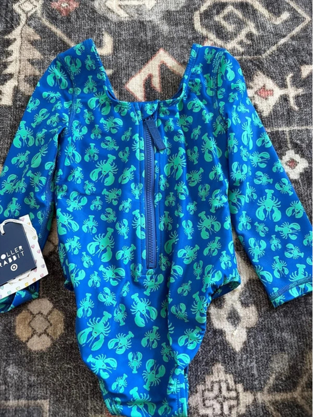 Toddler girls size 2T roller rabbit lobster long sleeve swimsuit blue teal